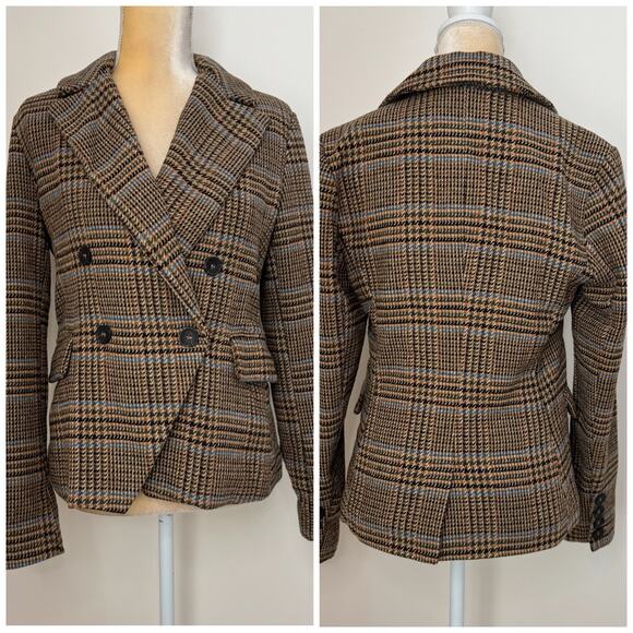 7 For All Mankind Plaid Classic Blazer Jacket Size M Brown Wool Blend Lined - Picture 1 of 14